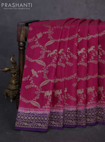 Banarasi semi chiffon saree pink and violet with allover thread & zari weaves and woven border