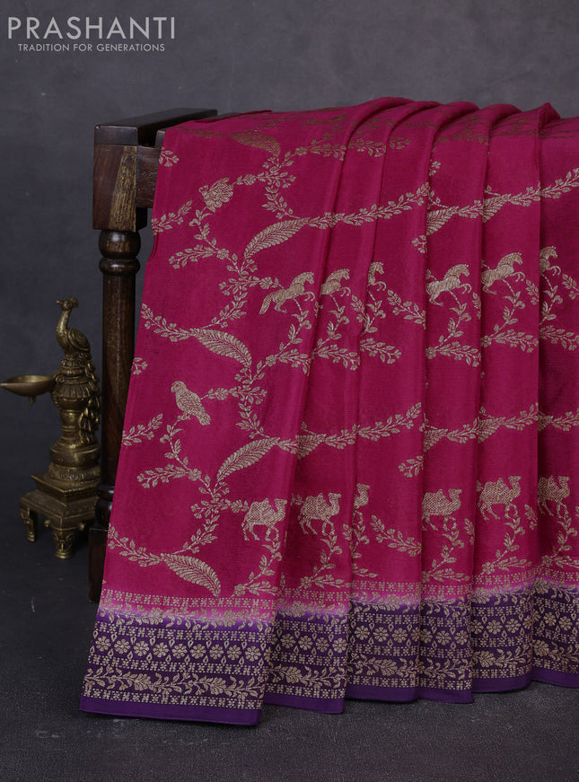 Banarasi semi chiffon saree pink and violet with allover thread & zari weaves and woven border