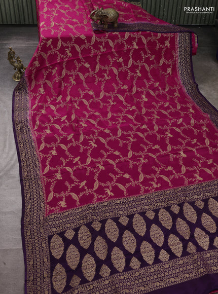 Banarasi semi chiffon saree pink and violet with allover thread & zari weaves and woven border