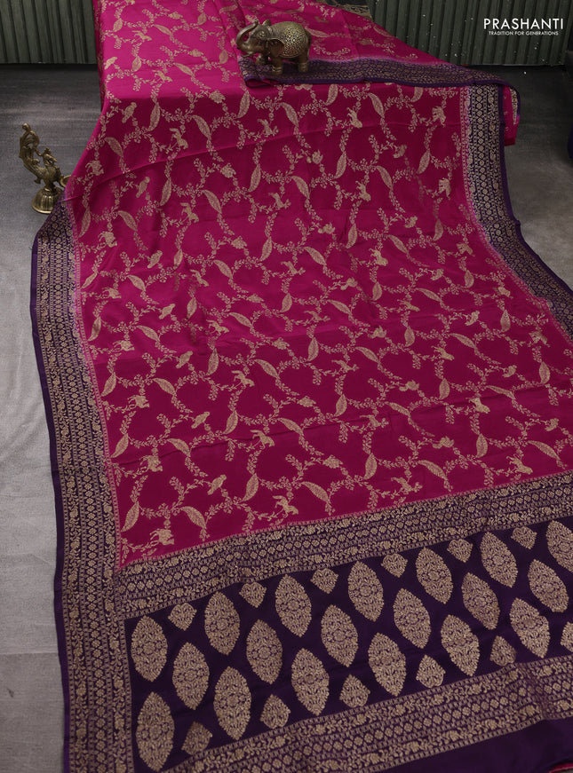 Banarasi semi chiffon saree pink and violet with allover thread & zari weaves and woven border