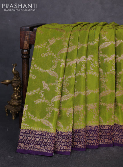 Banarasi semi chiffon saree mustard green and violet with allover thread & zari weaves and woven border