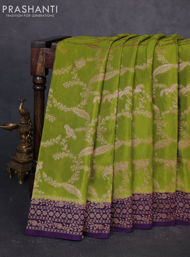 Banarasi semi chiffon saree mustard green and violet with allover thread & zari weaves and woven border