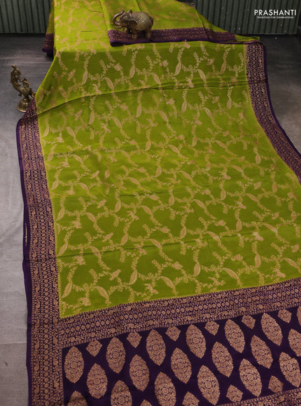 Banarasi semi chiffon saree mustard green and violet with allover thread & zari weaves and woven border