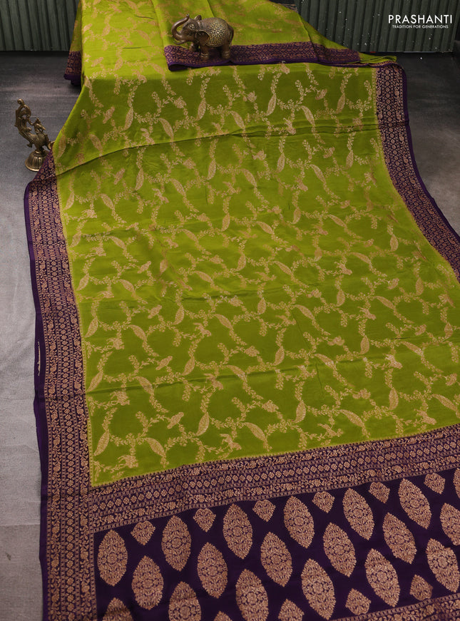 Banarasi semi chiffon saree mustard green and violet with allover thread & zari weaves and woven border