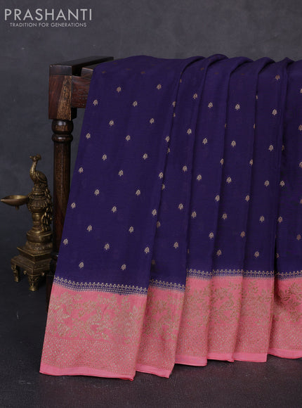 Banarasi semi chiffon saree navy blue and pink with allover thread & zari woven buttas and woven border