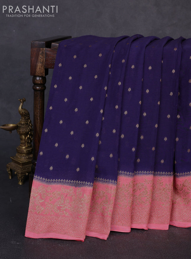 Banarasi semi chiffon saree navy blue and pink with allover thread & zari woven buttas and woven border