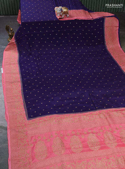 Banarasi semi chiffon saree navy blue and pink with allover thread & zari woven buttas and woven border