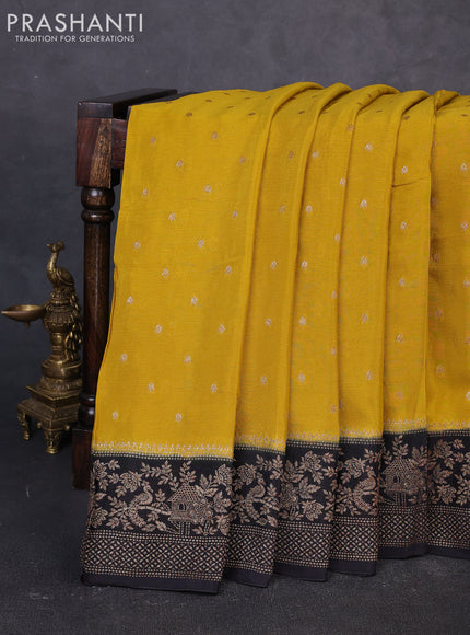 Banarasi semi chiffon saree mustard yellow and black with allover thread & zari woven buttas and woven border