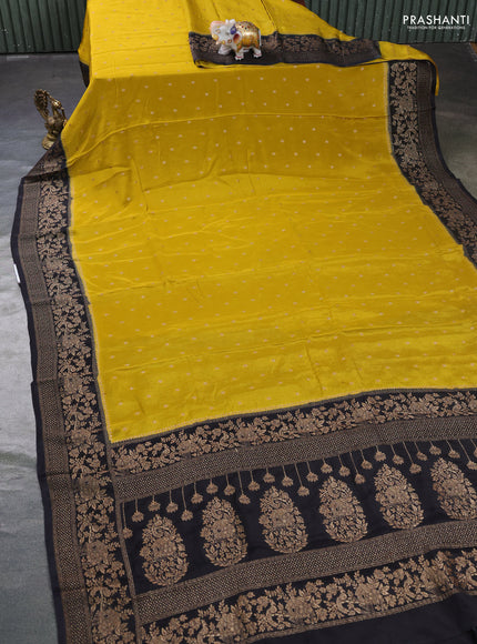 Banarasi semi chiffon saree mustard yellow and black with allover thread & zari woven buttas and woven border