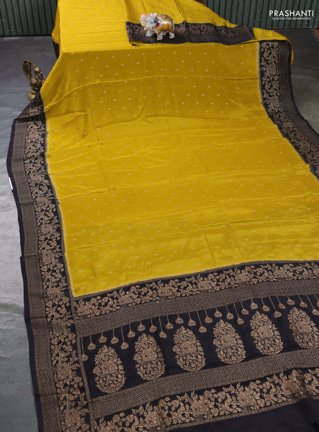 Banarasi semi chiffon saree mustard yellow and black with allover thread & zari woven buttas and woven border