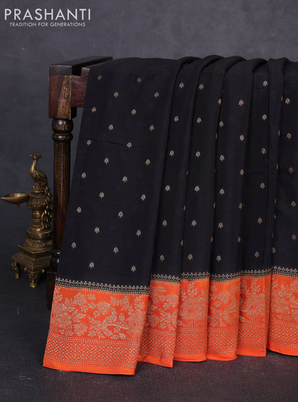 Banarasi semi chiffon saree black and orange with allover thread & zari woven buttas and woven border
