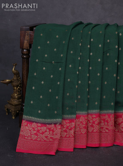 Banarasi semi chiffon saree bottle green and pink with allover thread & zari woven buttas and woven border
