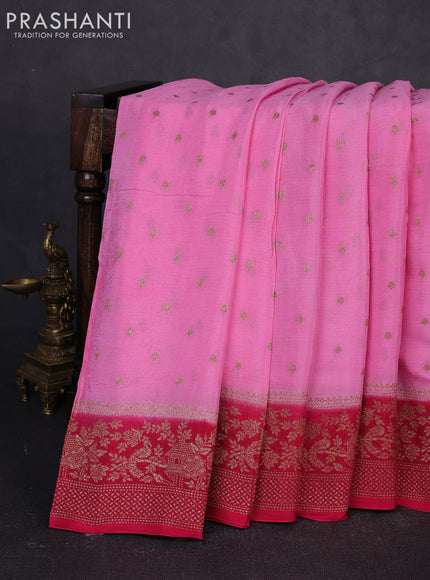 Banarasi semi chiffon saree peach pink and pink with allover thread & zari woven buttas and woven border