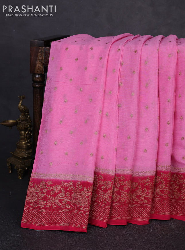 Banarasi semi chiffon saree peach pink and pink with allover thread & zari woven buttas and woven border