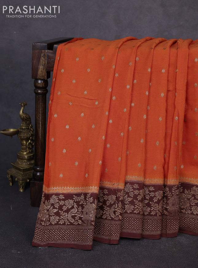 Banarasi semi chiffon saree orange and coffee brown with allover thread & zari woven buttas and woven border