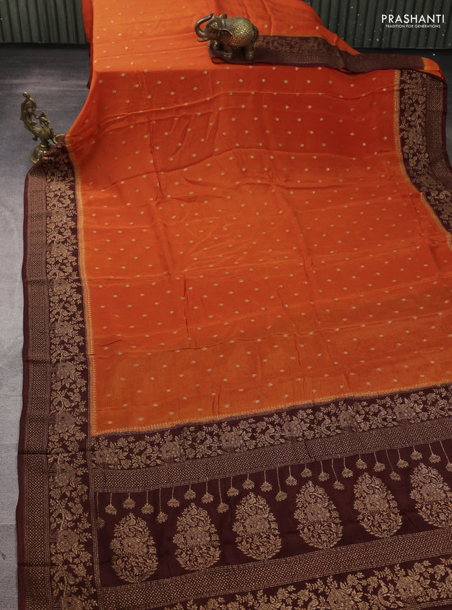 Banarasi semi chiffon saree orange and coffee brown with allover thread & zari woven buttas and woven border