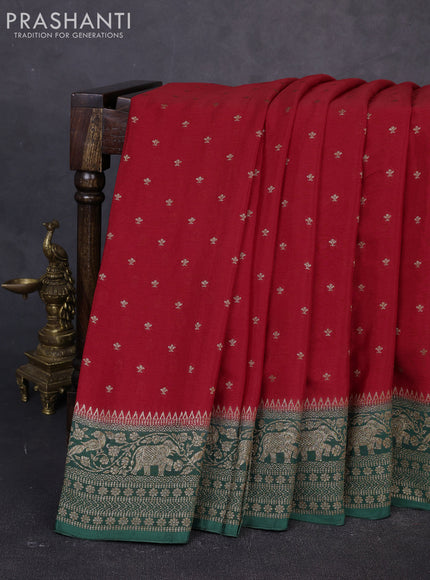 Banarasi semi chiffon saree red and green with allover thread & zari woven buttas and woven border