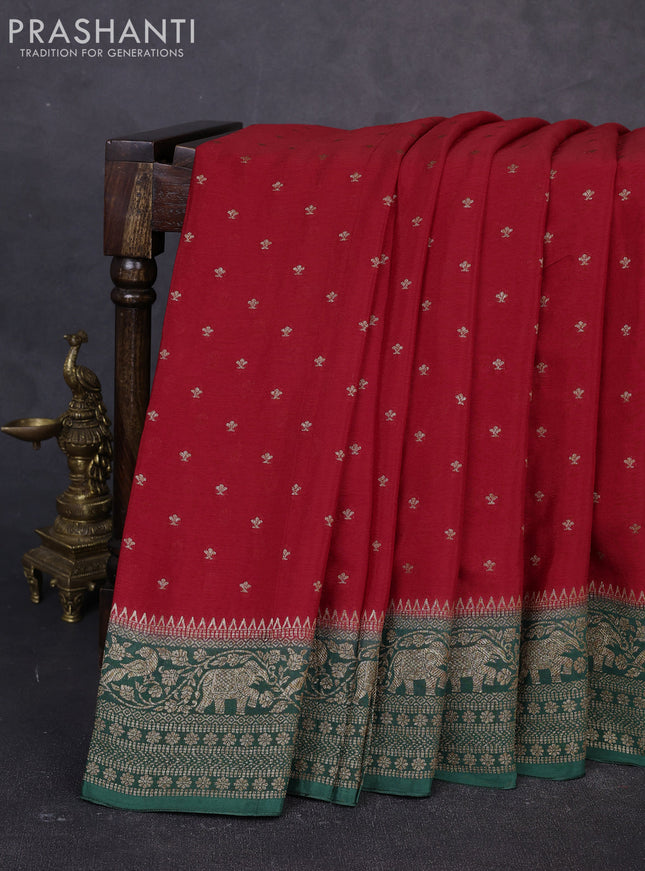 Banarasi semi chiffon saree red and green with allover thread & zari woven buttas and woven border