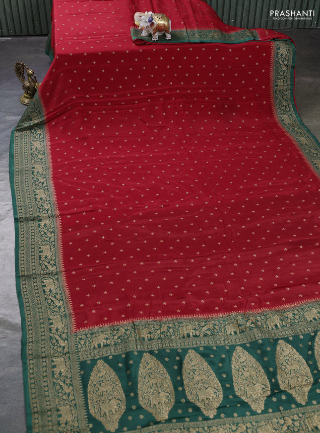 Banarasi semi chiffon saree red and green with allover thread & zari woven buttas and woven border