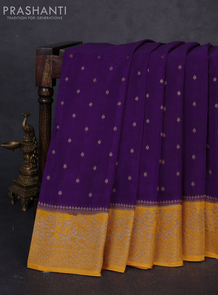 Banarasi semi chiffon saree violet and mango yellow with allover thread & zari woven buttas and woven border