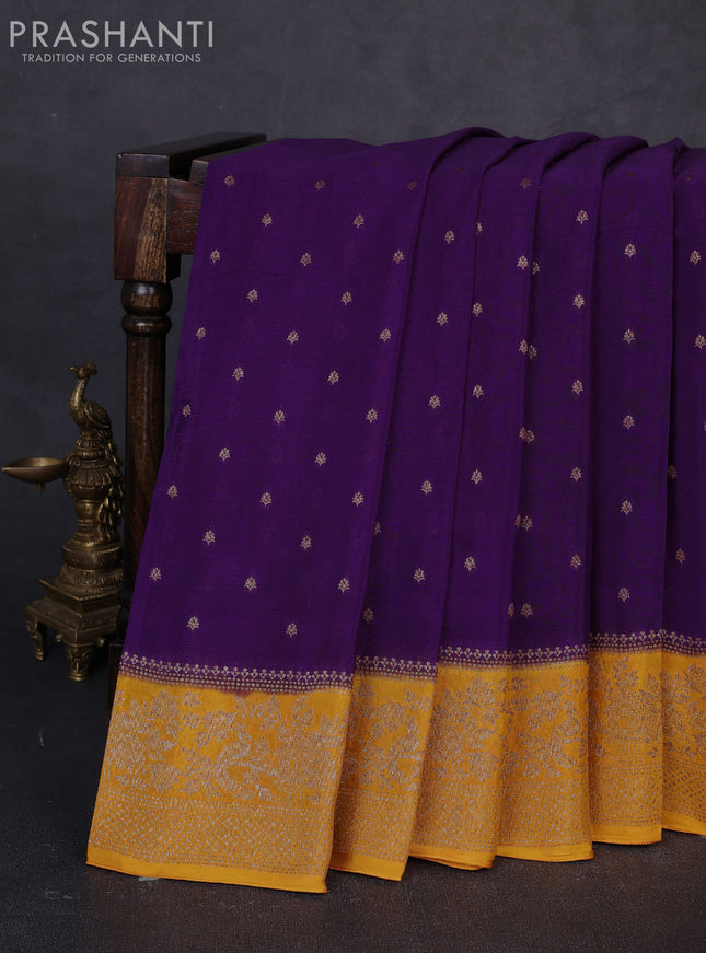 Banarasi semi chiffon saree violet and mango yellow with allover thread & zari woven buttas and woven border