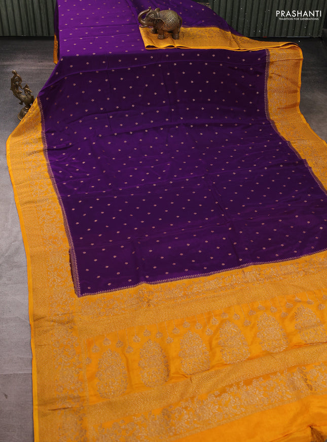 Banarasi semi chiffon saree violet and mango yellow with allover thread & zari woven buttas and woven border