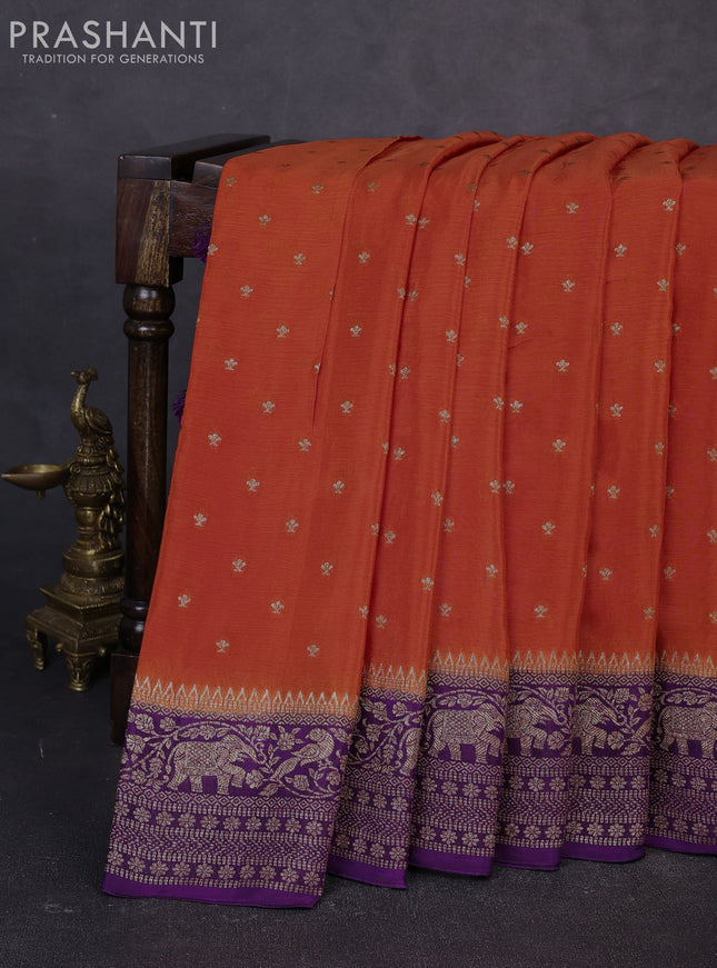 Banarasi semi chiffon saree orange and violet with allover thread & zari woven buttas and woven border