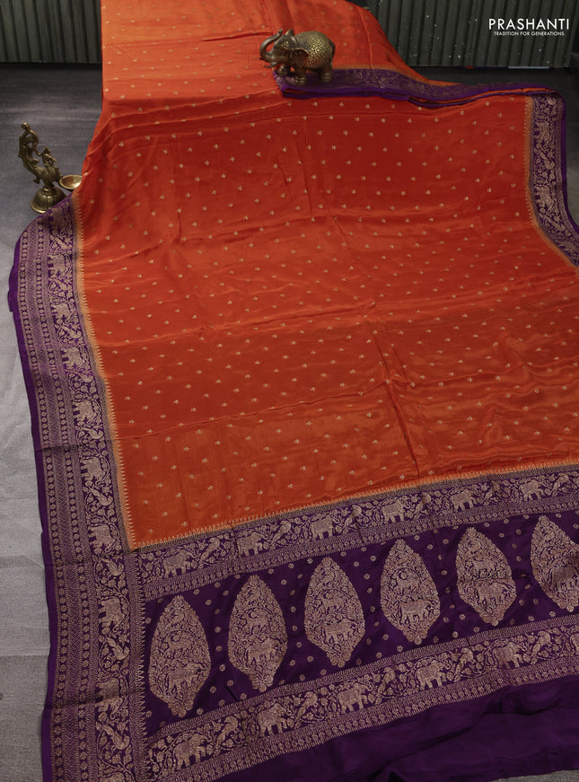 Banarasi semi chiffon saree orange and violet with allover thread & zari woven buttas and woven border