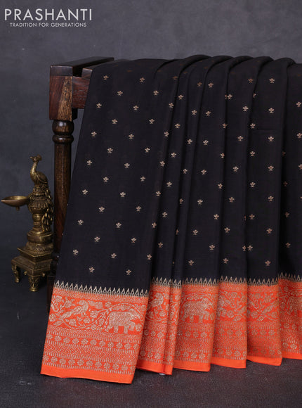 Banarasi semi chiffon saree black and orange with allover thread & zari woven buttas and woven border