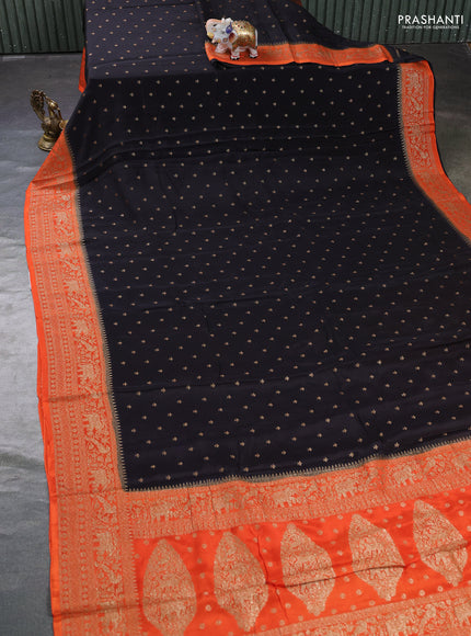 Banarasi semi chiffon saree black and orange with allover thread & zari woven buttas and woven border