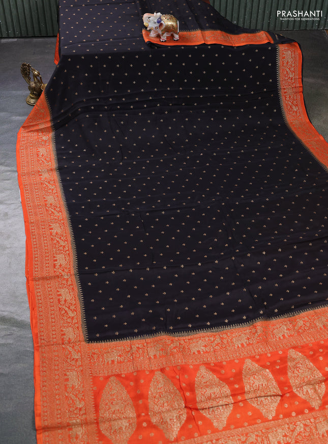 Banarasi semi chiffon saree black and orange with allover thread & zari woven buttas and woven border