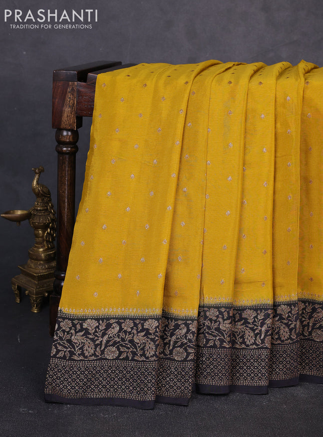 Banarasi semi chiffon saree mustard yellow and black with allover thread & zari woven buttas and woven border