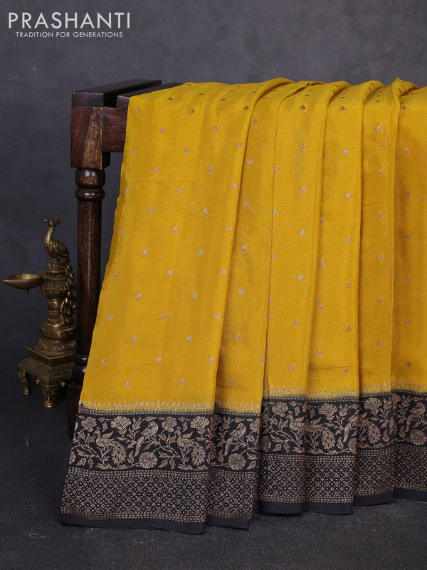 Banarasi chiffon saree mustard yellow and black with allover thread & zari woven buttas and woven border