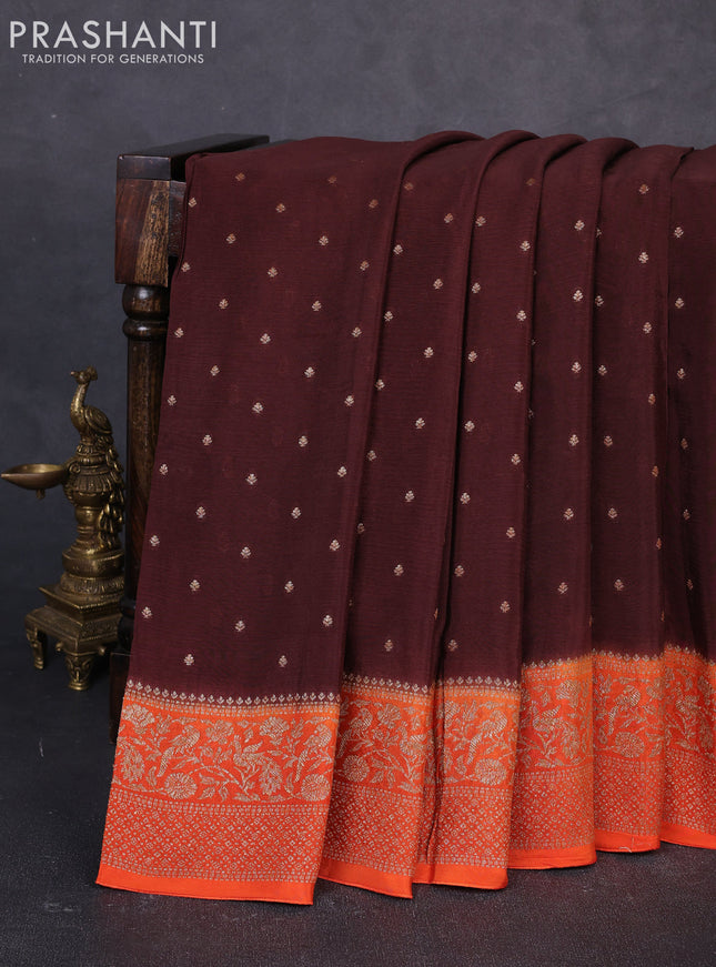 Banarasi semi chiffon saree brown and orange with allover thread & zari woven buttas and woven border