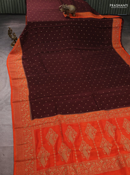 Banarasi semi chiffon saree brown and orange with allover thread & zari woven buttas and woven border