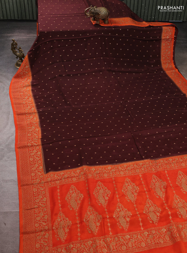 Banarasi semi chiffon saree brown and orange with allover thread & zari woven buttas and woven border