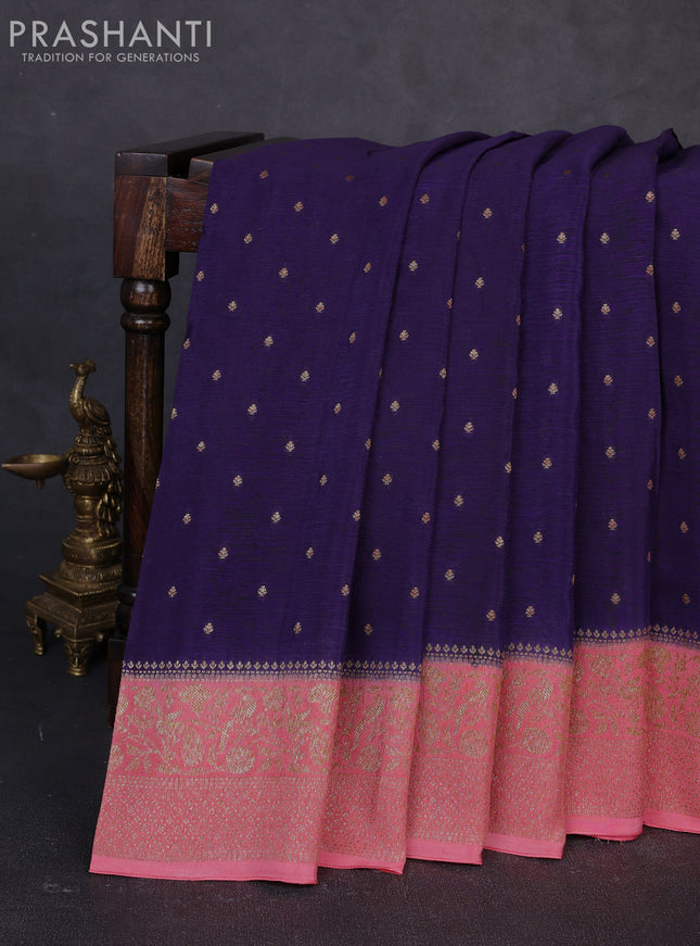 Banarasi semi chiffon saree navy blue and peach pink with allover thread & zari woven buttas and woven border