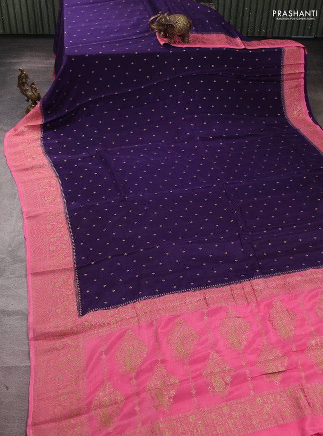Banarasi semi chiffon saree navy blue and peach pink with allover thread & zari woven buttas and woven border