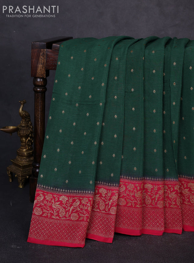 Banarasi semi chiffon saree green and maroon with allover thread & zari woven buttas and woven border