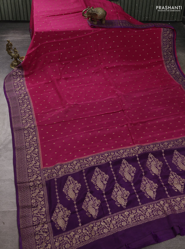 Banarasi semi chiffon saree pink and violet with allover thread & zari woven buttas and woven border