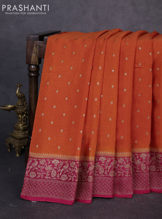 Banarasi semi chiffon saree orange and pink with allover thread & zari woven buttas and woven border