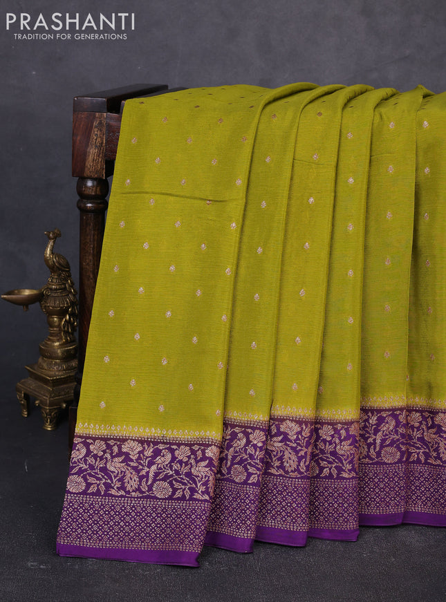 Banarasi semi chiffon saree mustard green and violet with allover thread & zari woven buttas and woven border