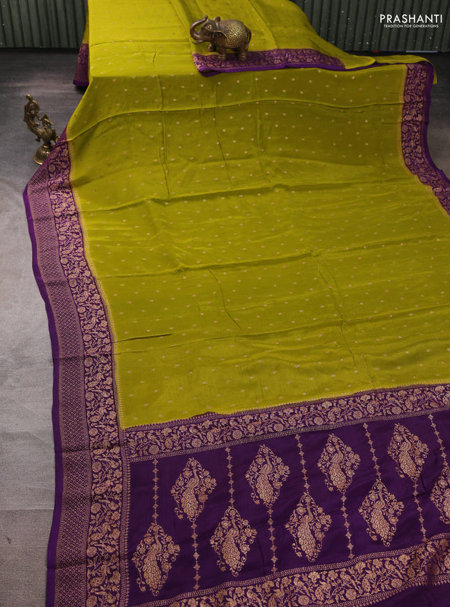 Banarasi semi chiffon saree mustard green and violet with allover thread & zari woven buttas and woven border