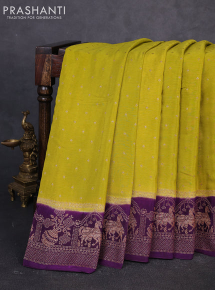 Banarasi semi chiffon saree mustard green and violet with allover thread & zari woven buttas and woven border
