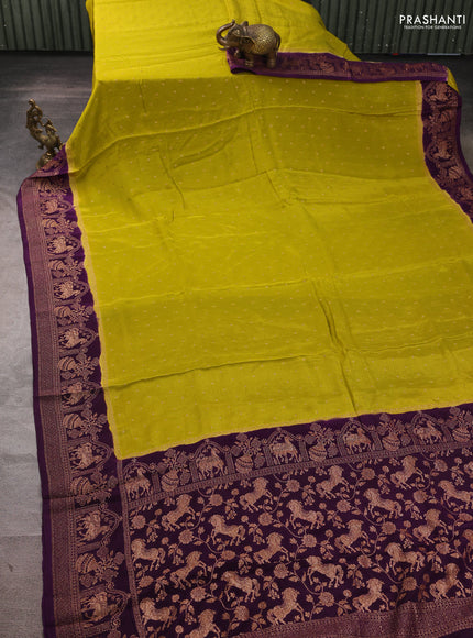 Banarasi semi chiffon saree mustard green and violet with allover thread & zari woven buttas and woven border