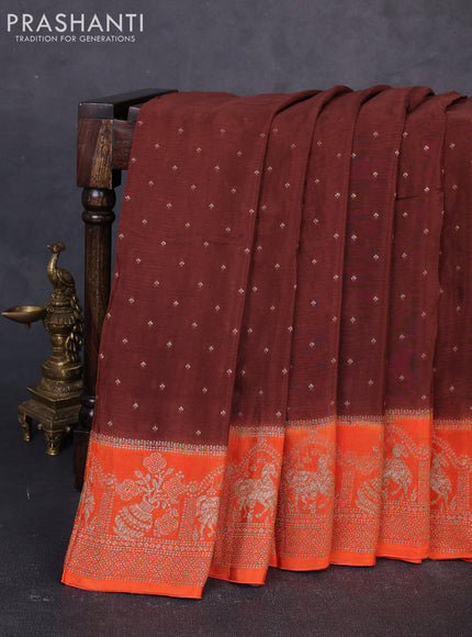 Banarasi semi chiffon saree brown and orange with allover thread & zari woven buttas and woven border