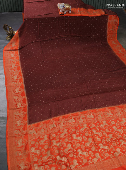 Banarasi semi chiffon saree brown and orange with allover thread & zari woven buttas and woven border