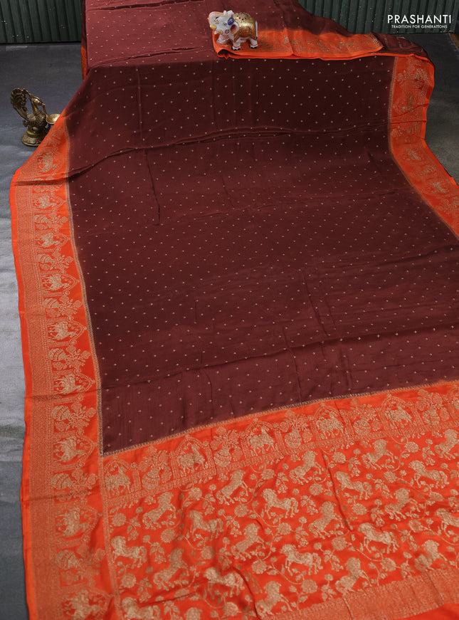 Banarasi semi chiffon saree brown and orange with allover thread & zari woven buttas and woven border