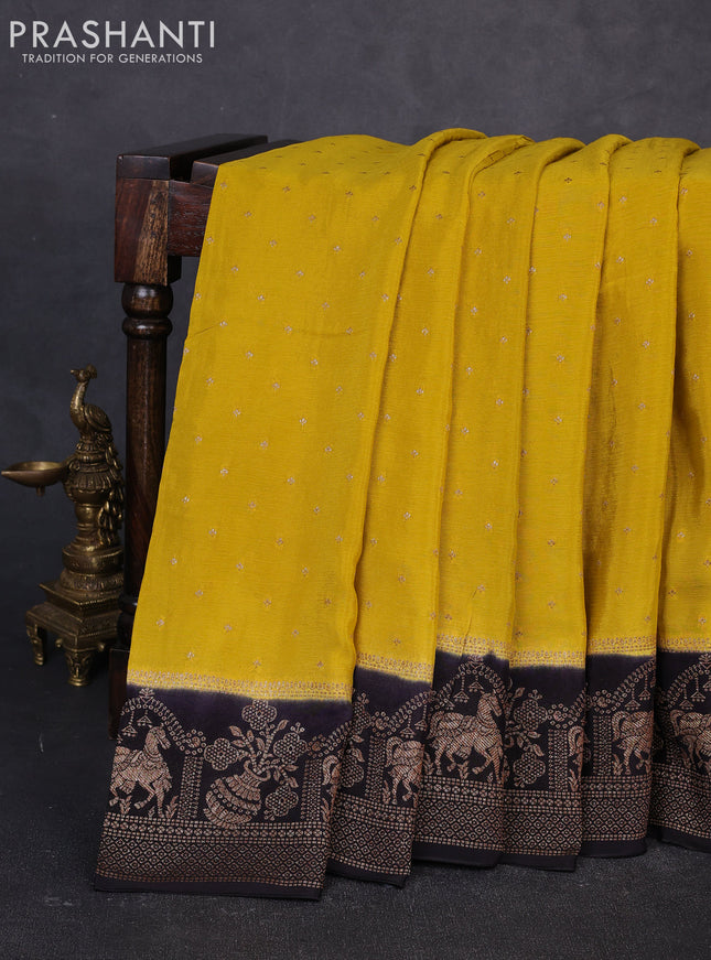 Banarasi semi chiffon saree mustard yellow and black with allover thread & zari woven buttas and woven border