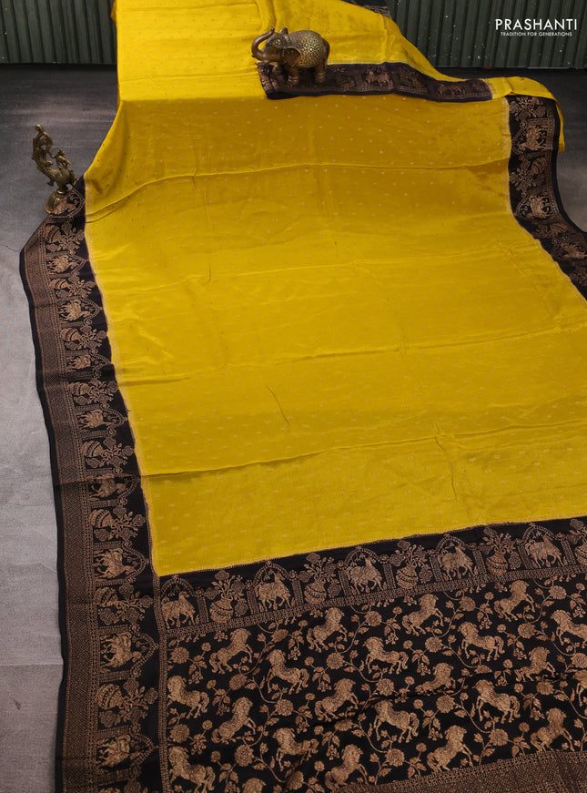 Banarasi semi chiffon saree mustard yellow and black with allover thread & zari woven buttas and woven border